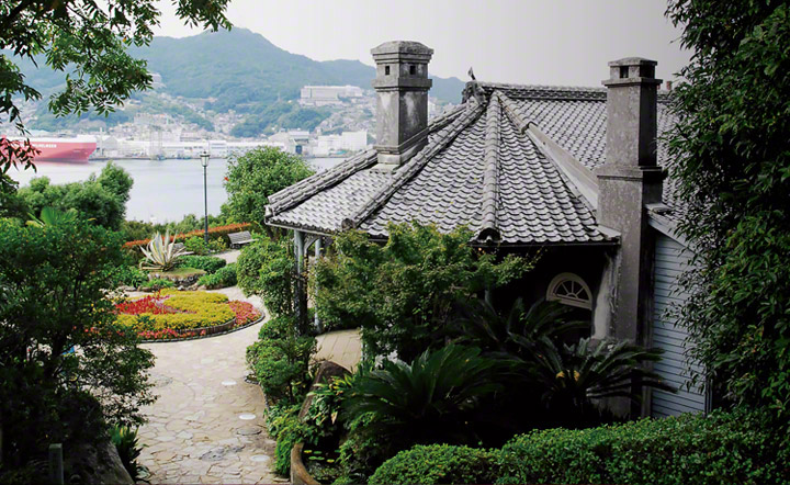 Panoramic view from the house, overlooking Nagasaki Harbour and Mitsubishi Nagasaki Shipyard.