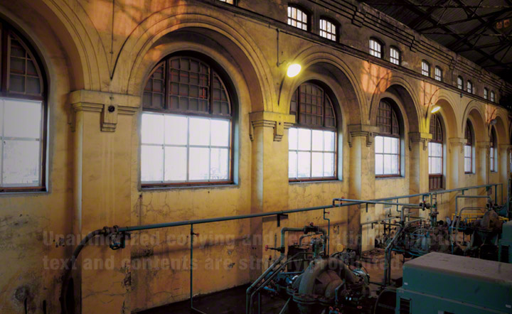 Interior view of pumping chumber showing electric pumps, installed in 1950s, occupying the original building and supplying 30% of Yawata's requirements.