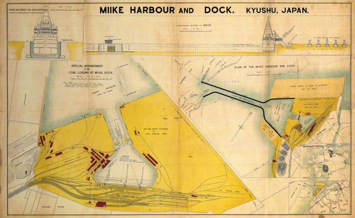 三池港の設計図。干満の差に対応する水圧可動式閘門とドック、南側と北側を防波堤で守られた内港、南北の突堤と航路などから成り立っています。