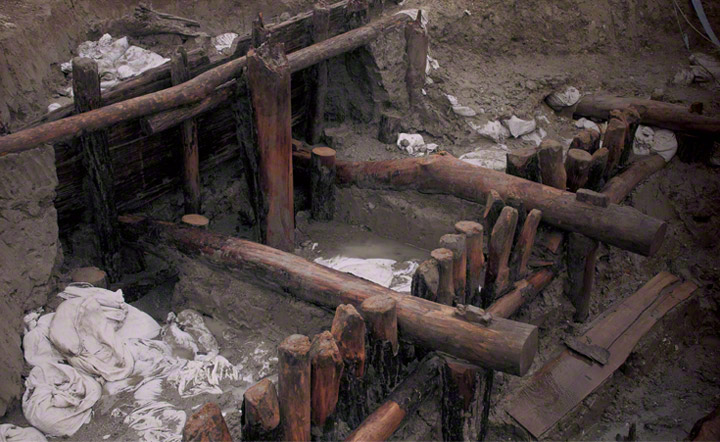 Wooden pilings delineate Mietsu Naval Dock.