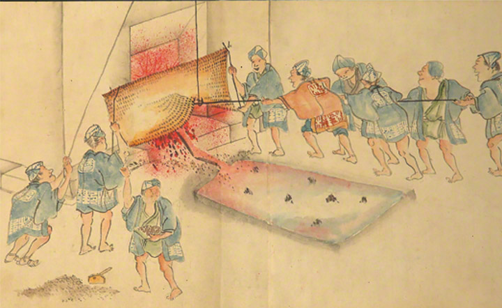1860 年代に書かれた「紙本両鉄鉱山御山内並高炉之図」。当絵巻は橋野鉄鉱山の見取り図で，原料採掘，製鉄，船舶への積み込みまでの作業工程を完全に示しています。